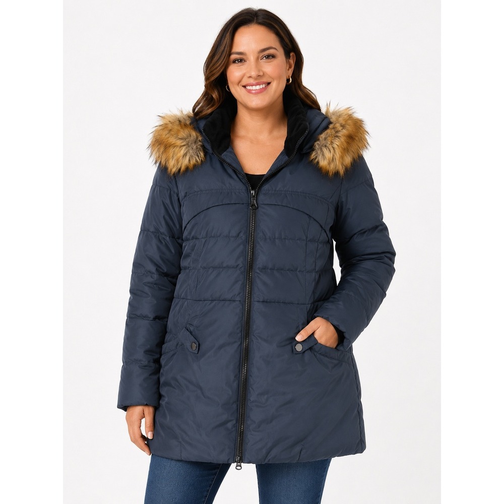 Valuker Puffer Parka Jacket Womens Large Navy Blue Faux Fur Trim Hooded Coat